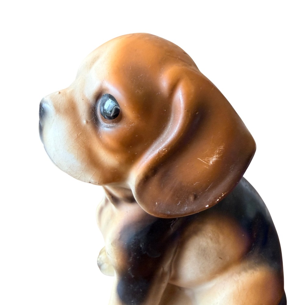 Vintage Ceramic Beagle Puppy big eye Figurine Tri-Color Hound Dog‎ Hand Painted